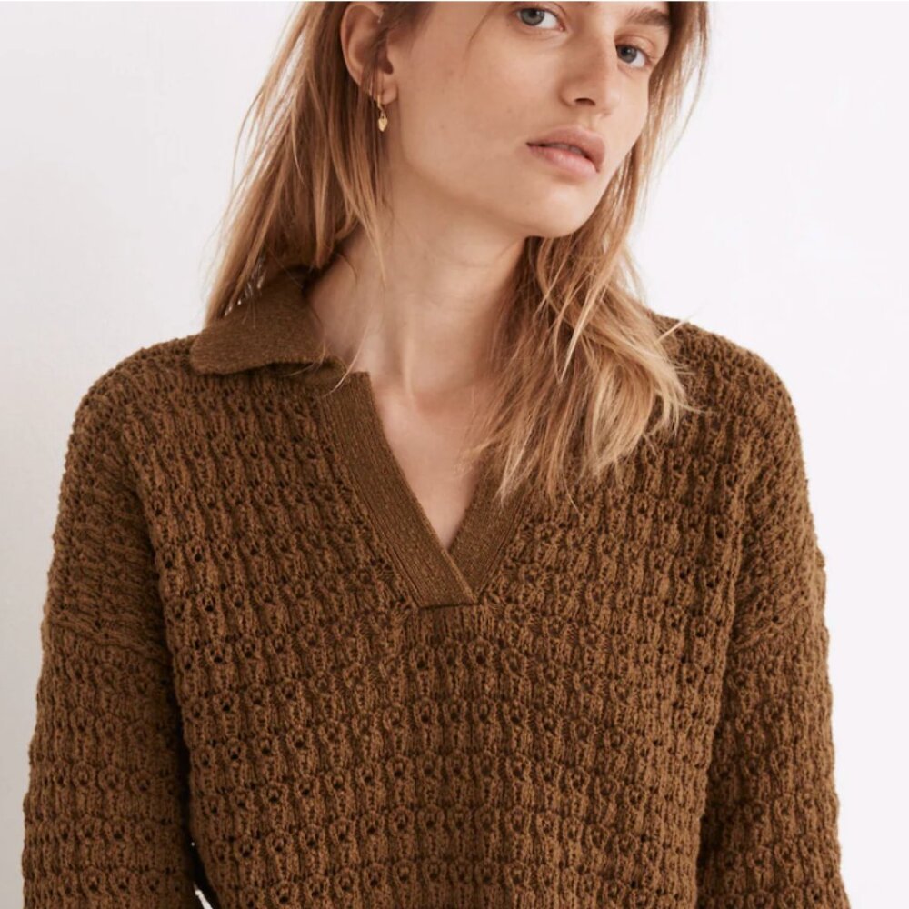 Madewell Brown Textured V‑Neck Polo Sweater